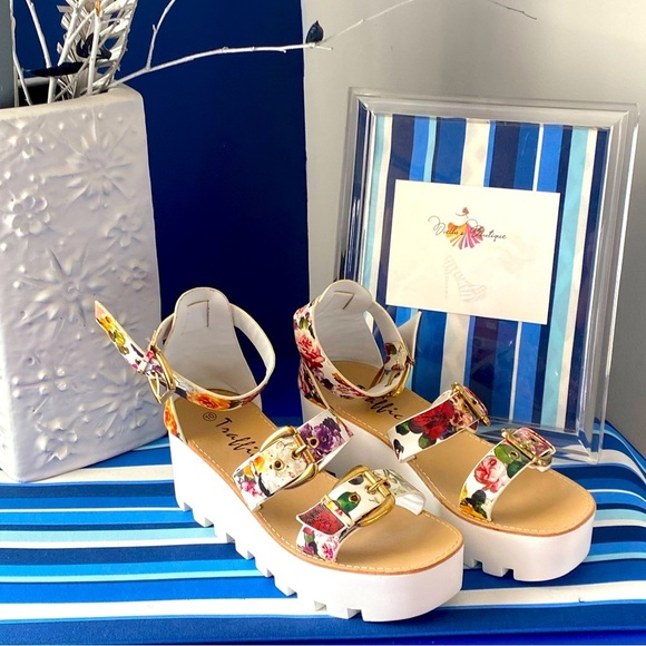 Floral strappy platform flatform buckled ankle strap summer sandals sz 10 - Picture 12 of 12